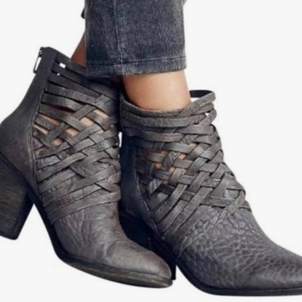 Free People Carrera Grey Woven Leather Ankle Boots 38 (7½US)